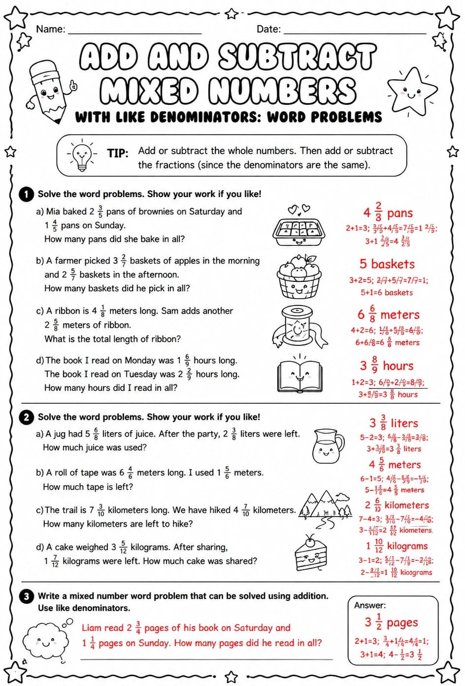 Answer key for Add and subtract mixed numbers with like denominators: word problems — free printable Math worksheet