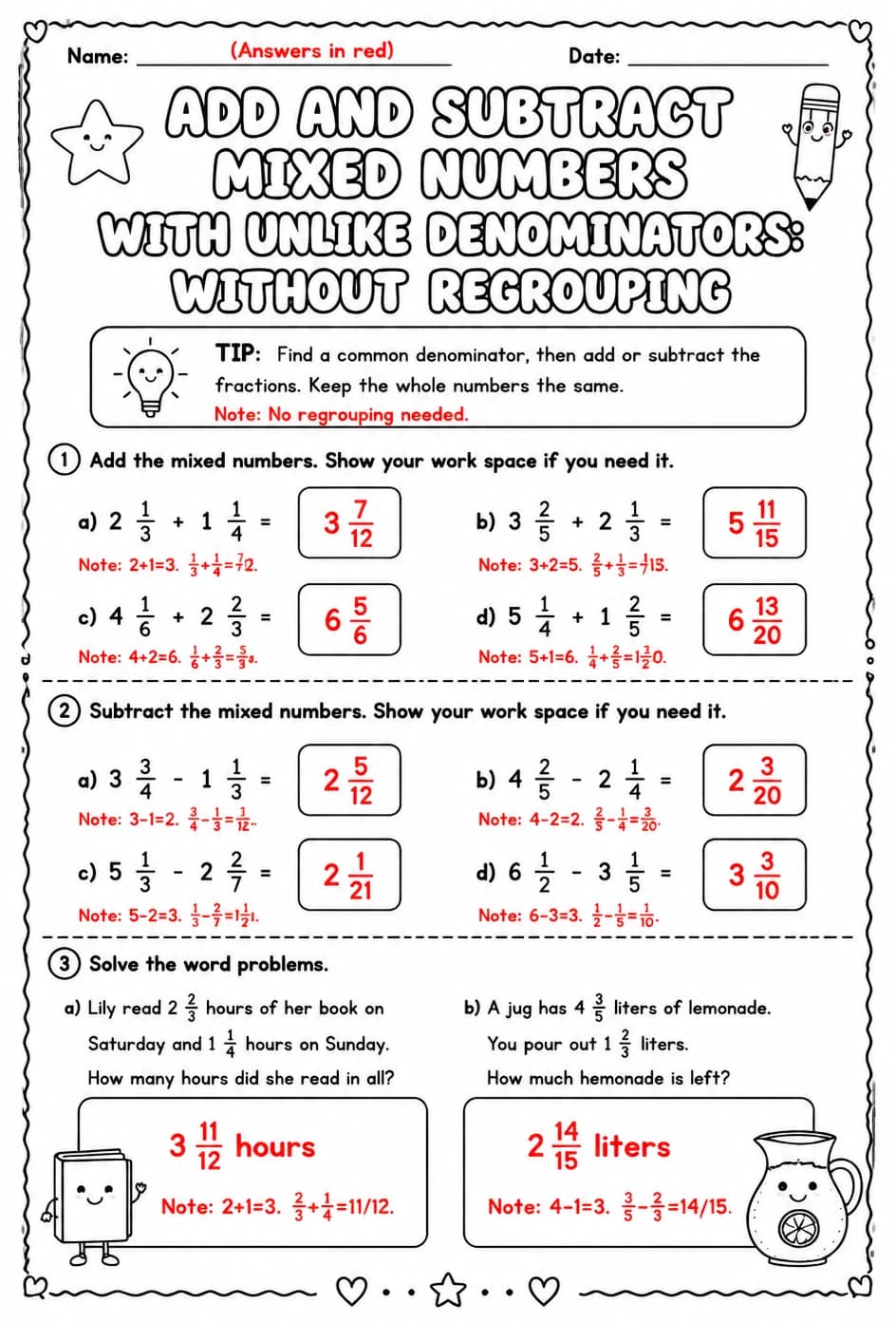 Answer key for Add and subtract mixed numbers with unlike denominators: without regrouping — free printable Math worksheet
