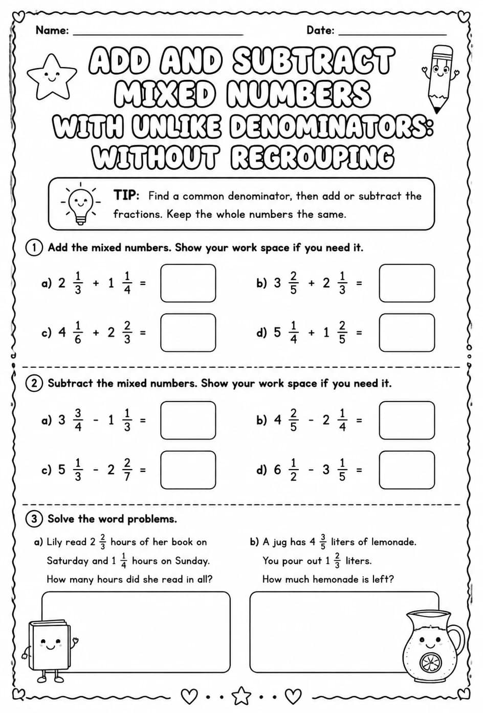 Add and subtract mixed numbers with unlike denominators: without regrouping — free printable Grade 5 math worksheet
