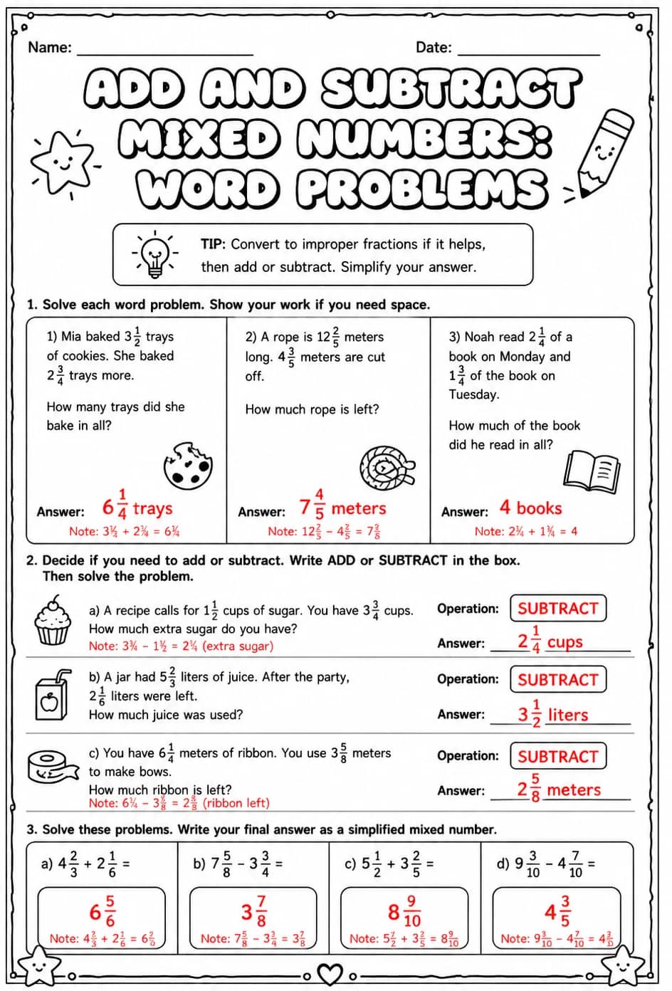Answer key for Add and subtract mixed numbers: word problems — free printable Math worksheet