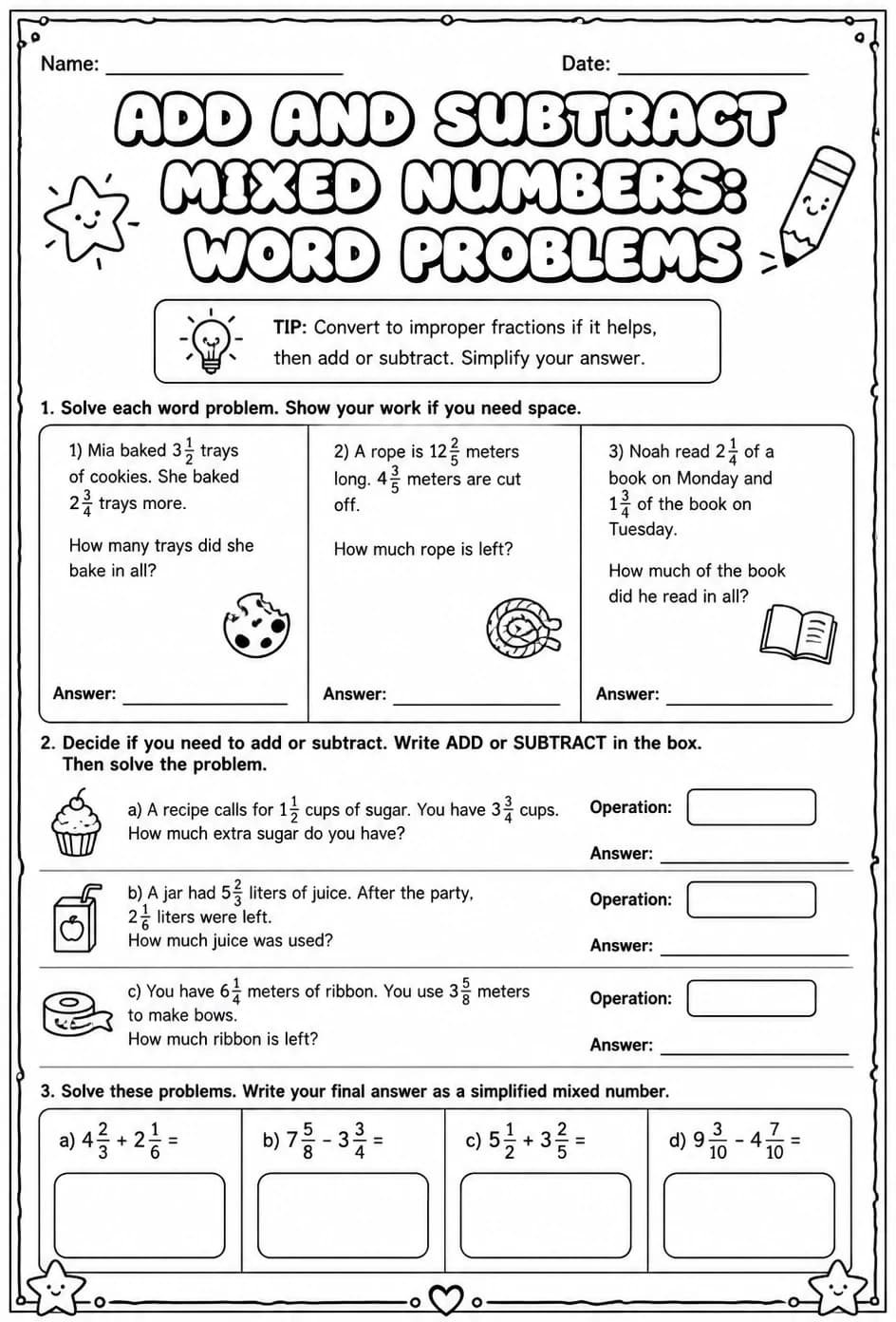 Add and subtract mixed numbers: word problems