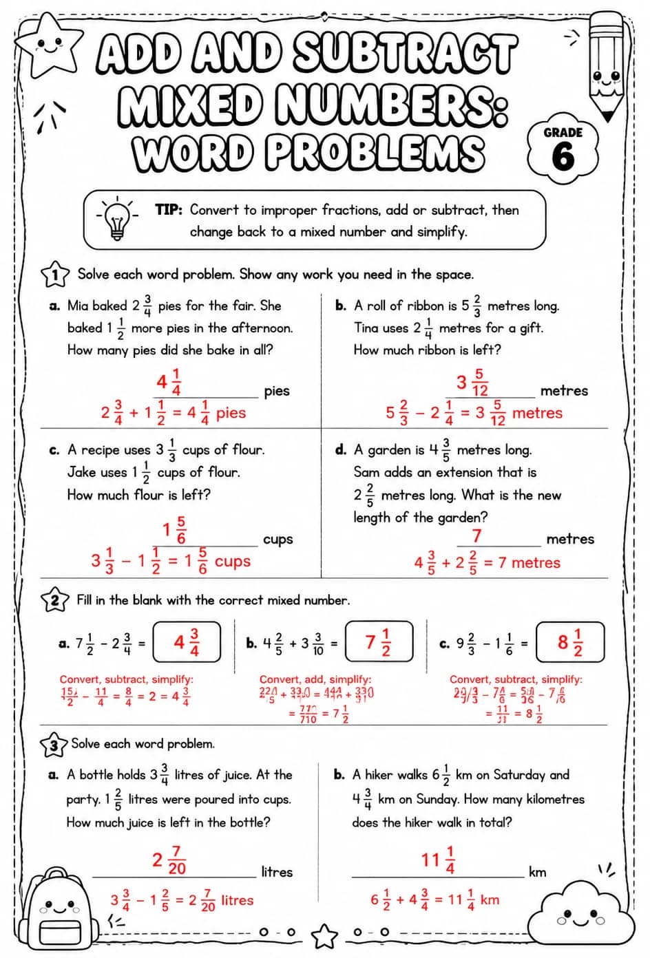 Answer key for Add and subtract mixed numbers: word problems — free printable Math worksheet