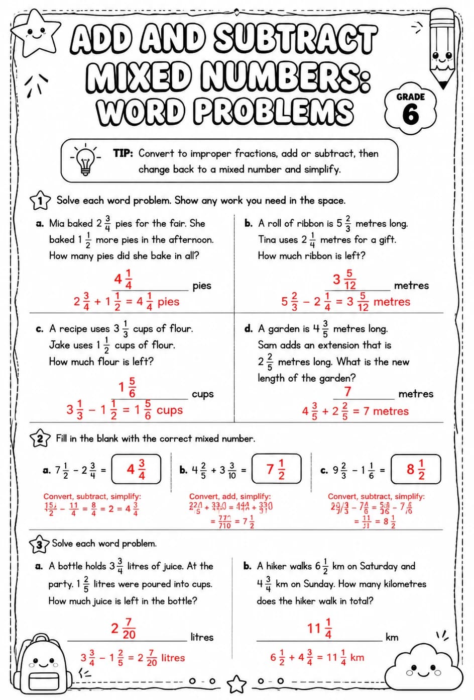Answer key for Add and subtract mixed numbers: word problems — free printable Math worksheet