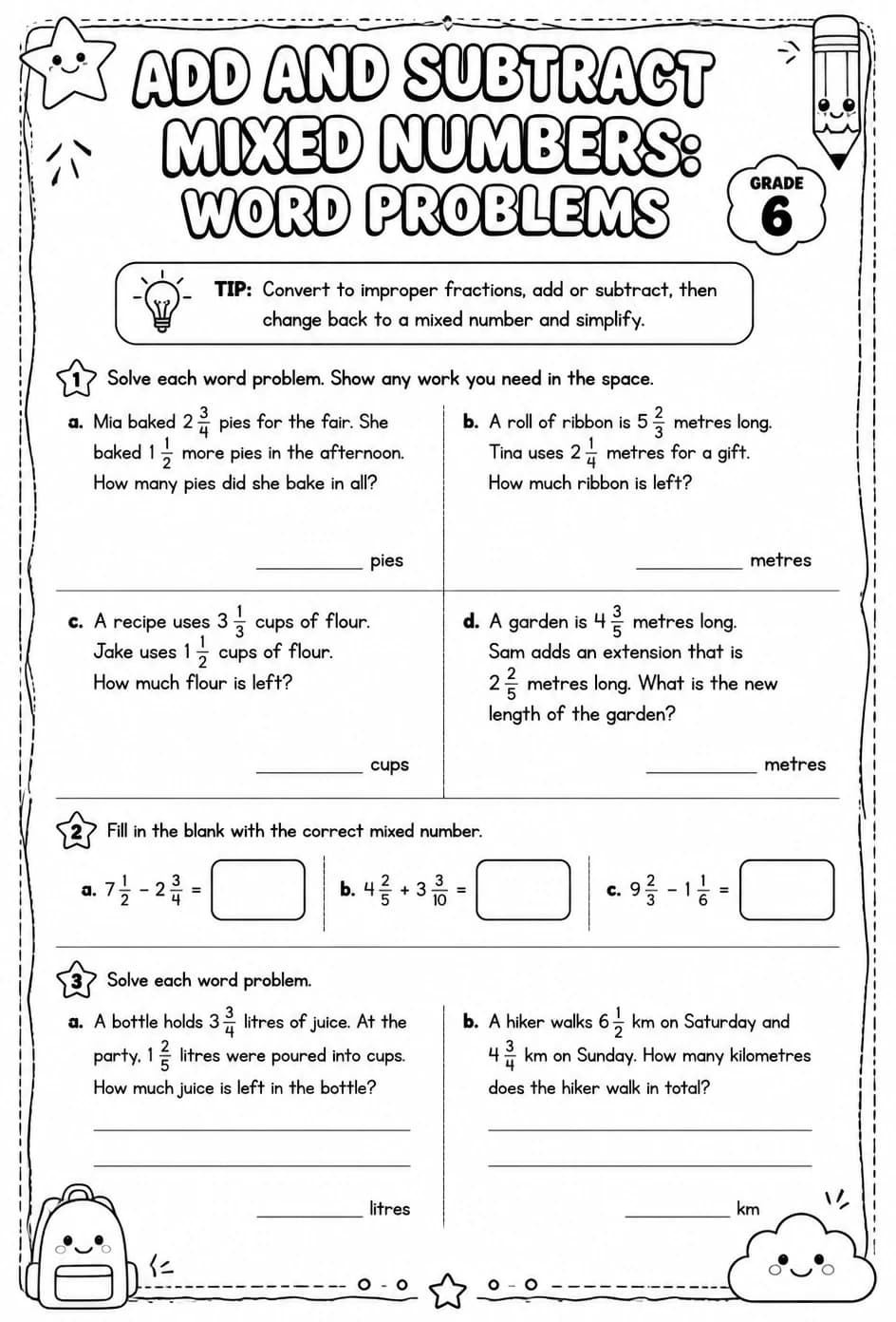 Add and subtract mixed numbers: word problems — free printable Grade 6 math worksheet