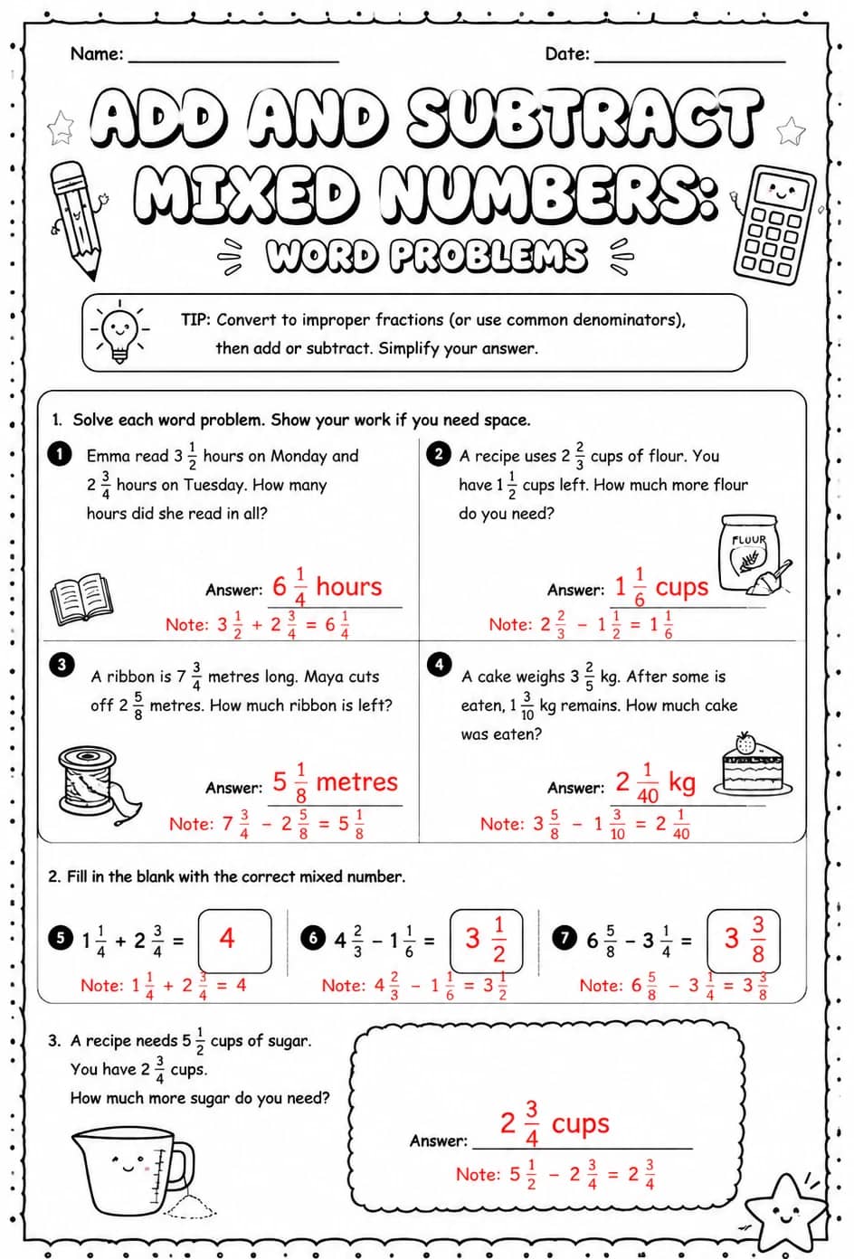 Answer key for Add and subtract mixed numbers: word problems — free printable Math worksheet