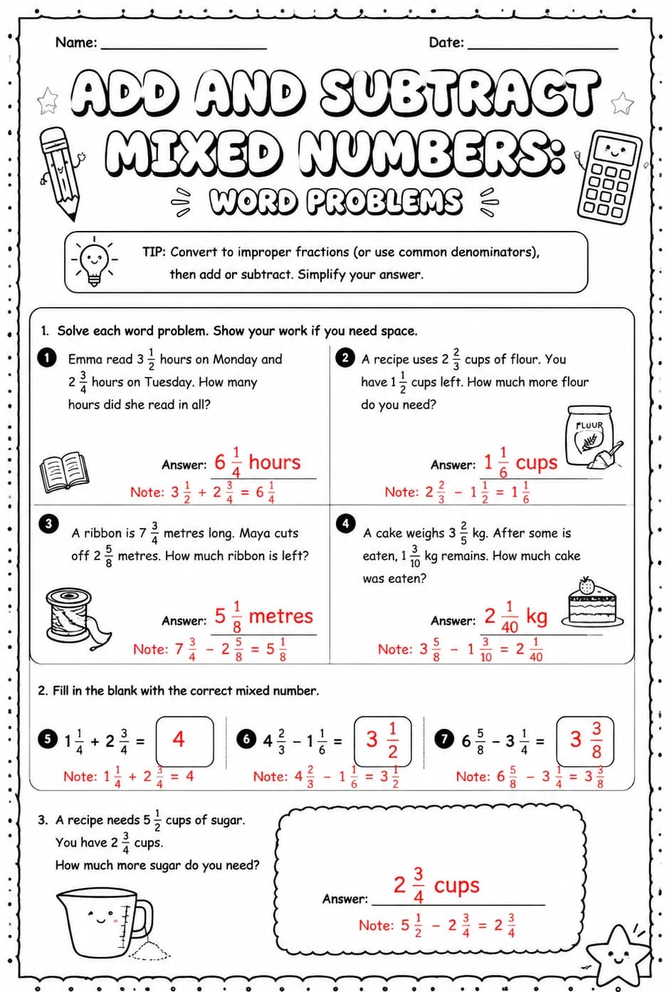 Answer key for Add and subtract mixed numbers: word problems — free printable Math worksheet