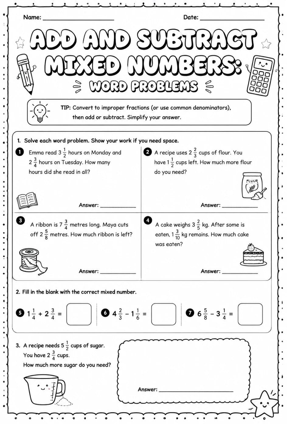 Add and subtract mixed numbers: word problems — free printable Grade 7 math worksheet