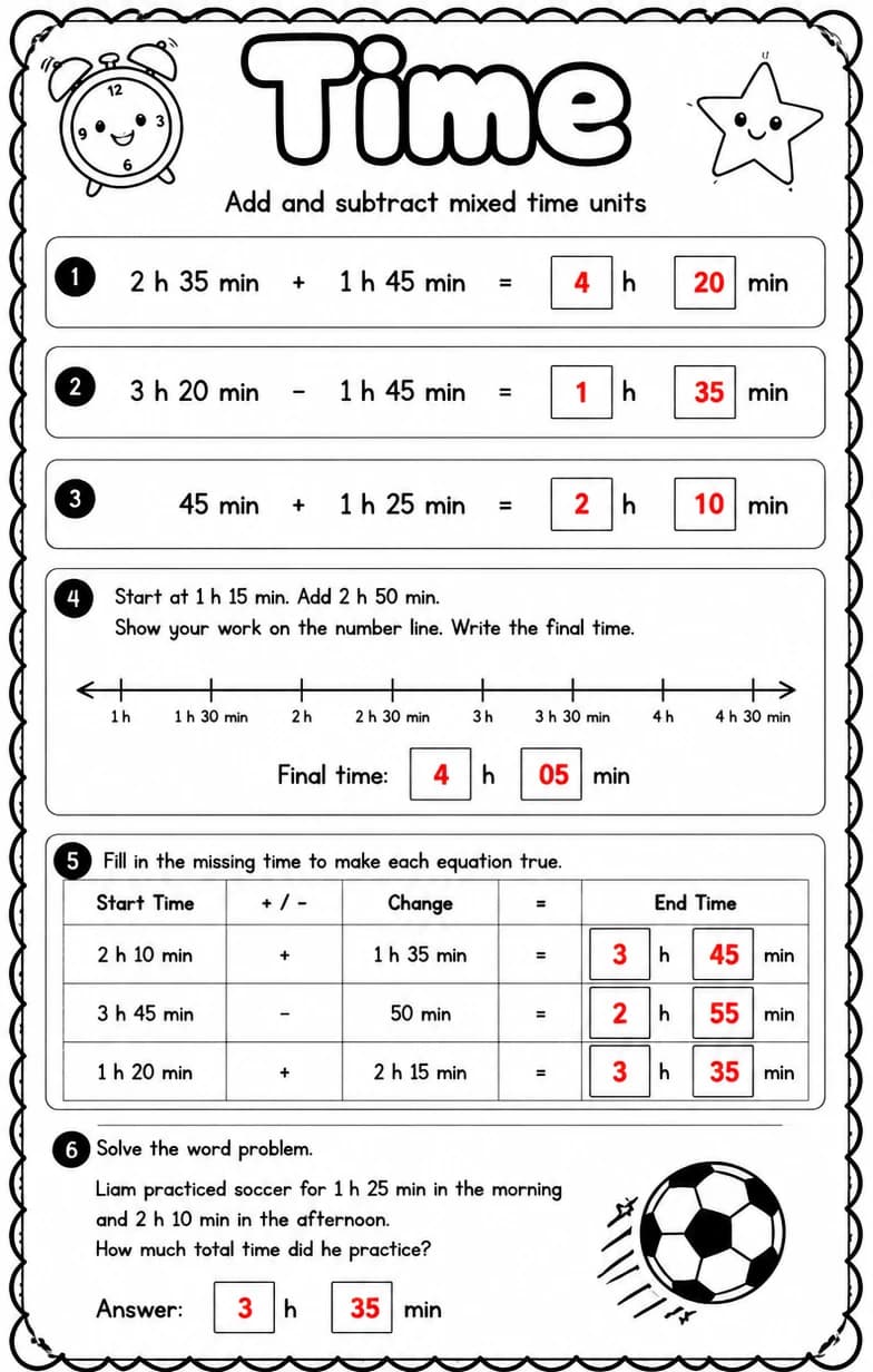 Answer key for Add and subtract mixed time units — free printable Math worksheet