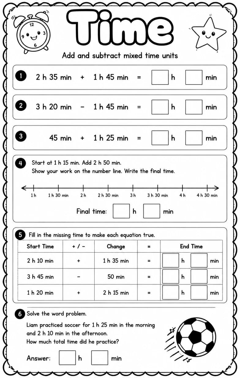 Add and subtract mixed time units — free printable Grade 4 math worksheet