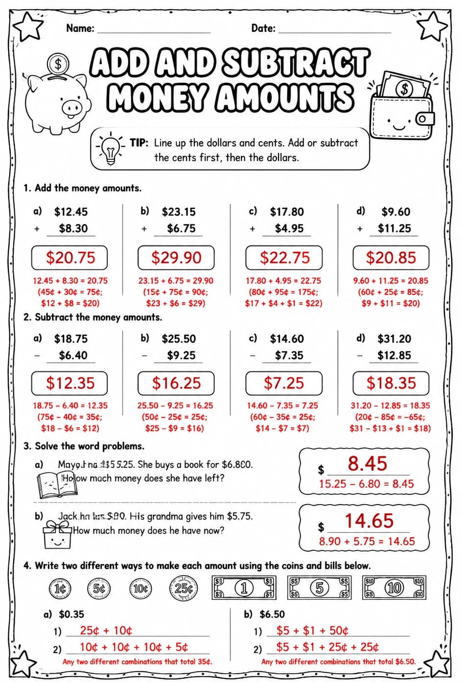 Answer key for Add and subtract money amounts — free printable Math worksheet