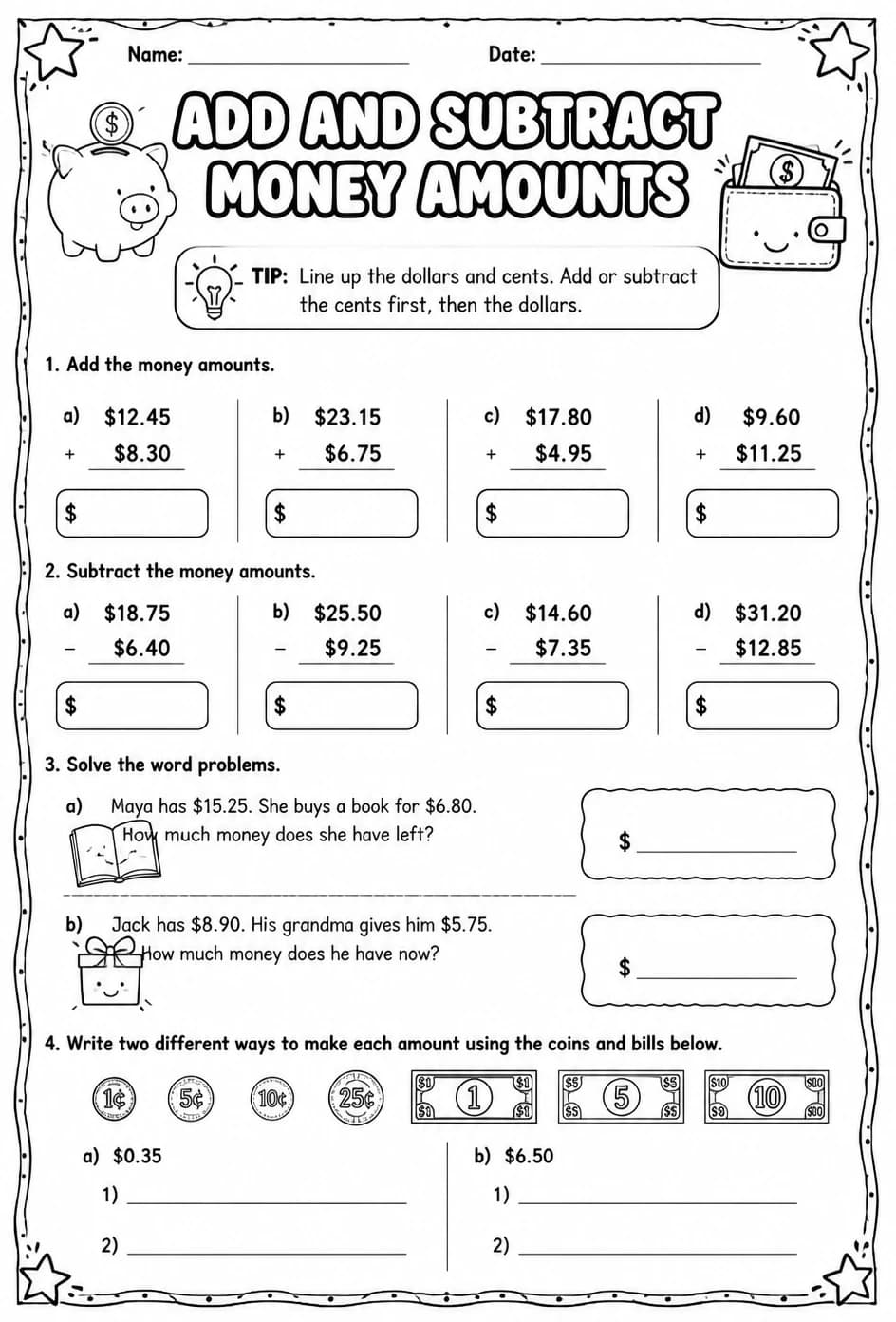 Add and subtract money amounts — free printable Grade 3 math worksheet