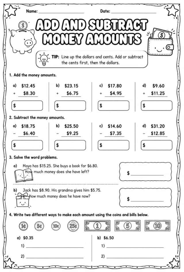 Add and subtract money amounts