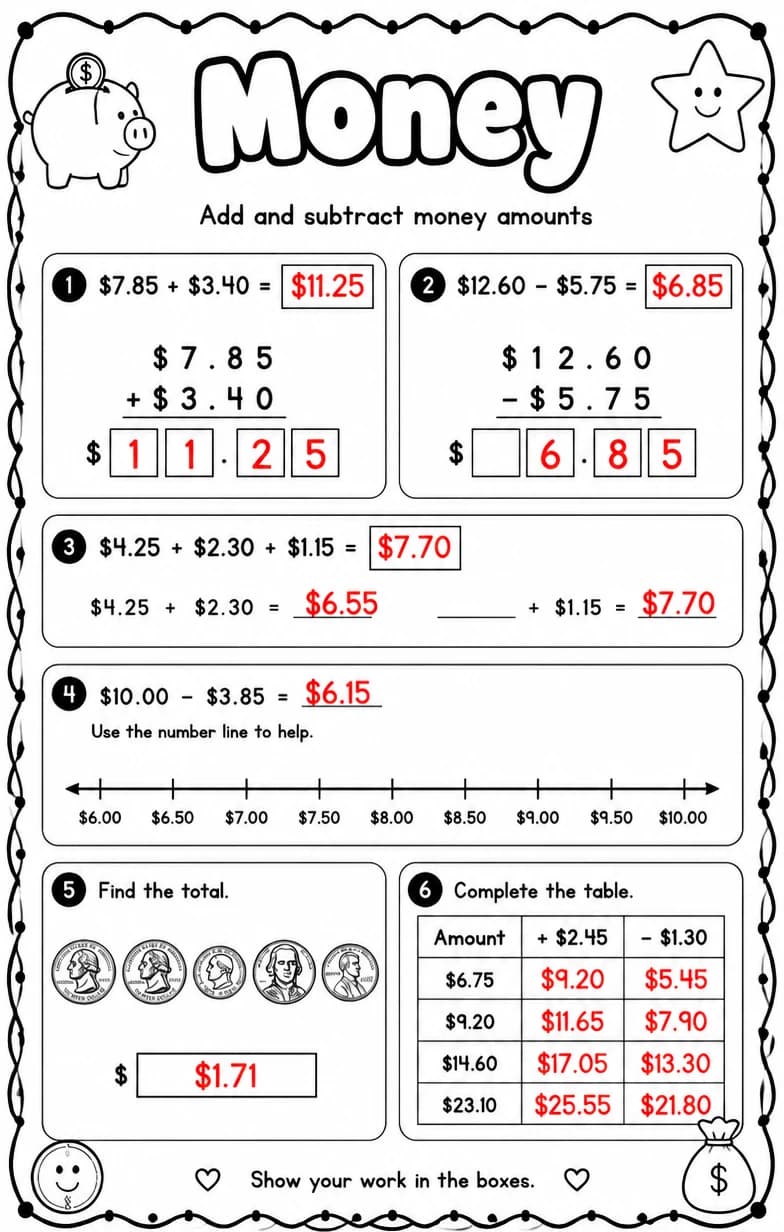 Answer key for Add and subtract money amounts — free printable Math worksheet