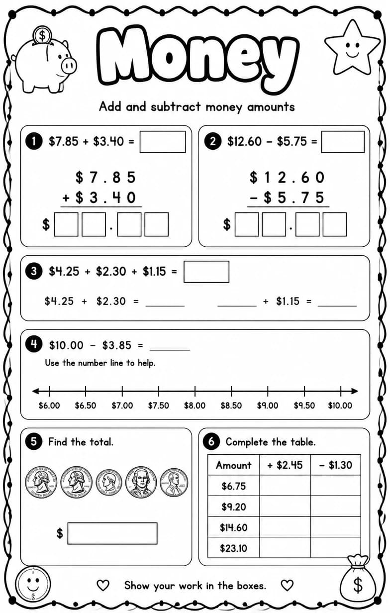 Add and subtract money amounts — free printable Grade 4 Math worksheet