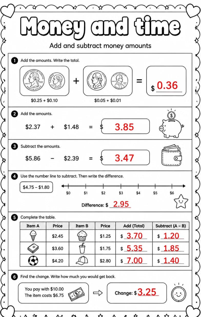 Answer key for Add and subtract money amounts — free printable Math worksheet