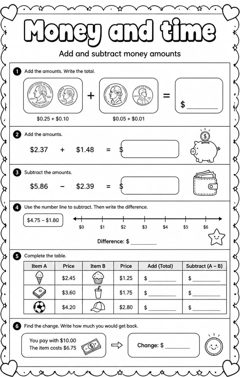 Add and subtract money amounts — free printable Grade 5 Math worksheet