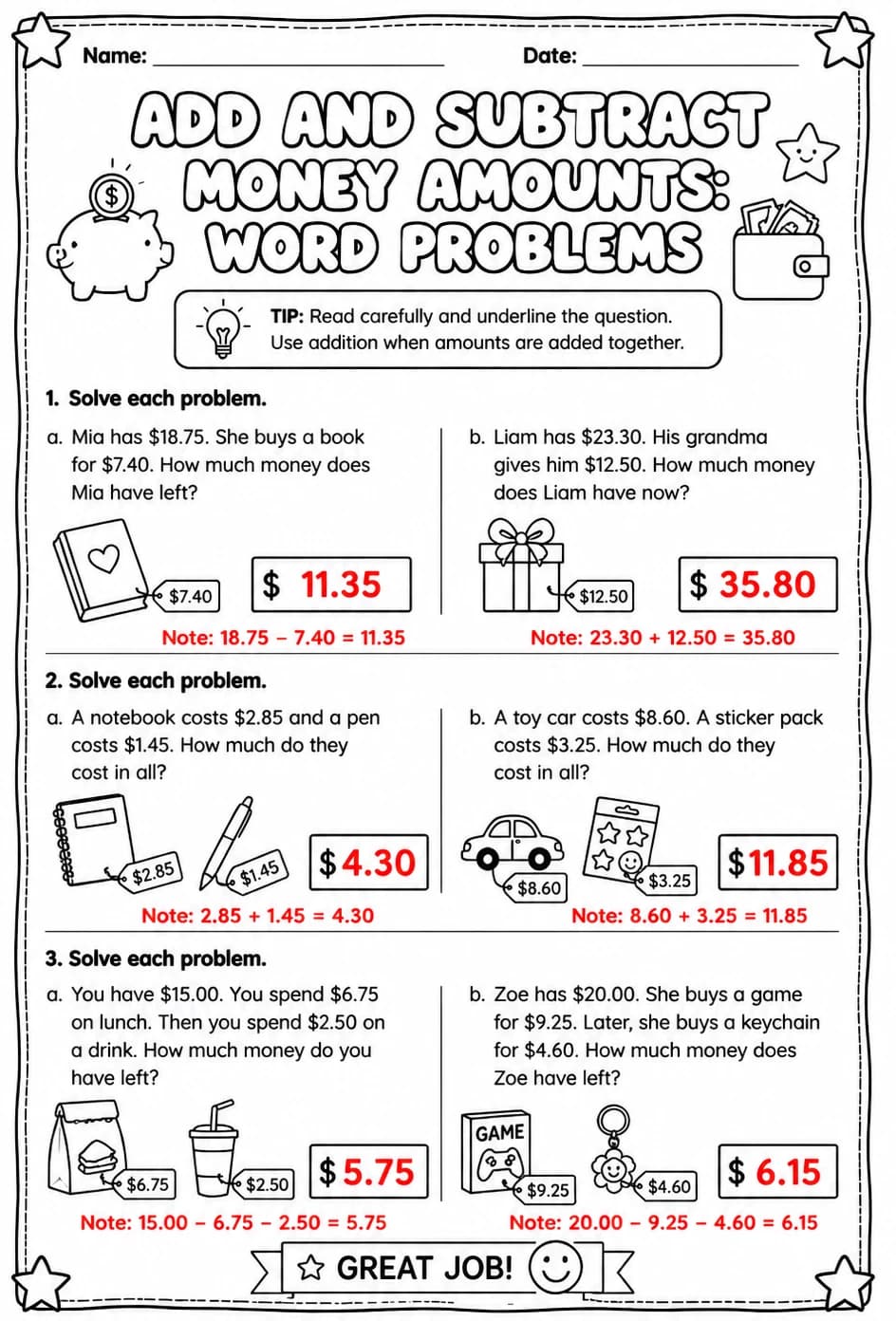 Answer key for Add and subtract money amounts: word problems — free printable Math worksheet