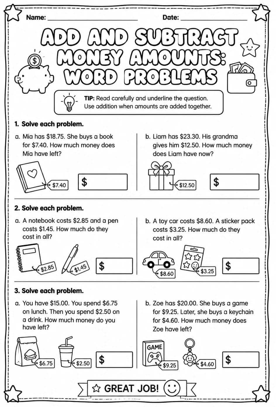 Add and subtract money amounts: word problems — free printable Grade 4 math worksheet