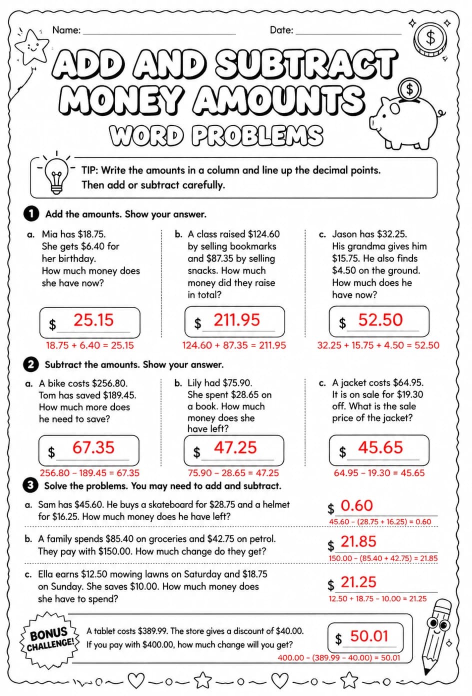 Answer key for Add and subtract money amounts: word problems — free printable Math worksheet