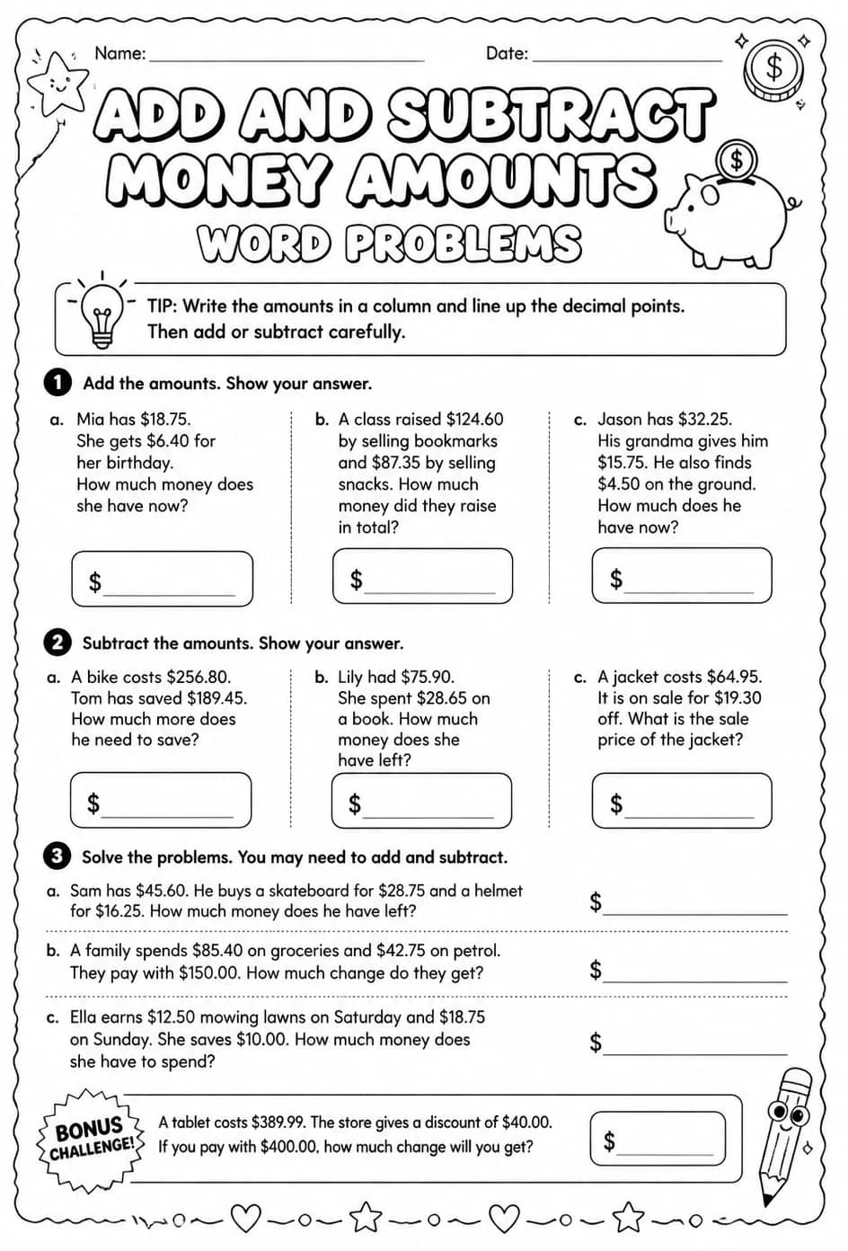 Add and subtract money amounts: word problems — free printable Grade 6 math worksheet