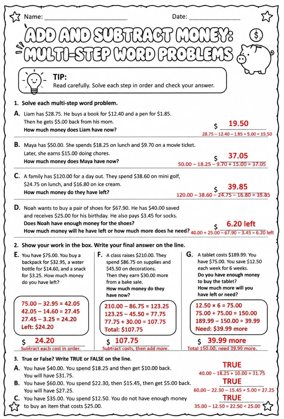 Answer key for Add and subtract money: multi-step word problems — free printable Math worksheet
