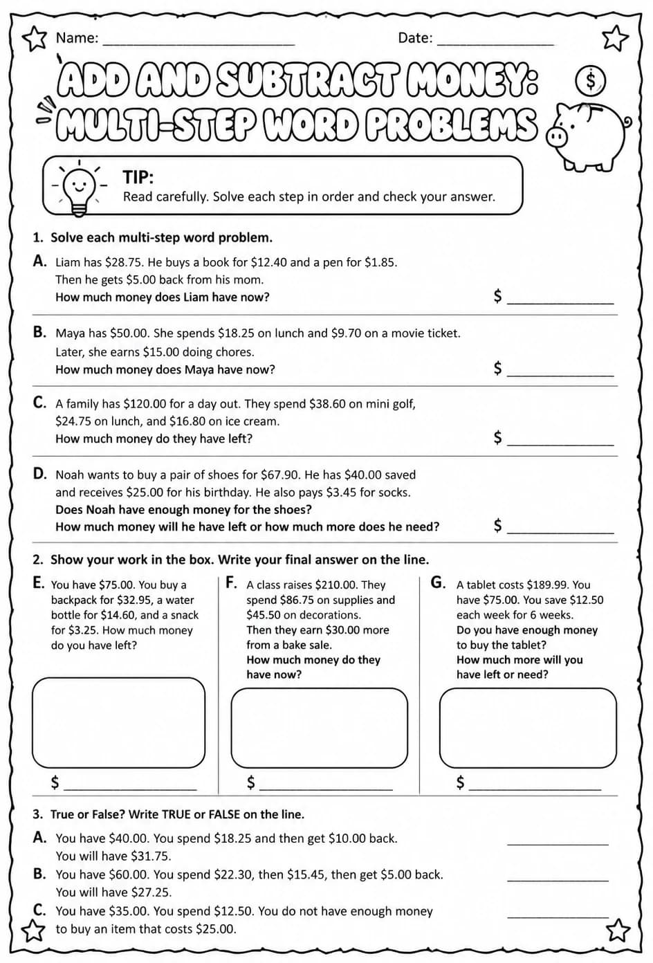 Add and subtract money: multi-step word problems — free printable Grade 5 math worksheet