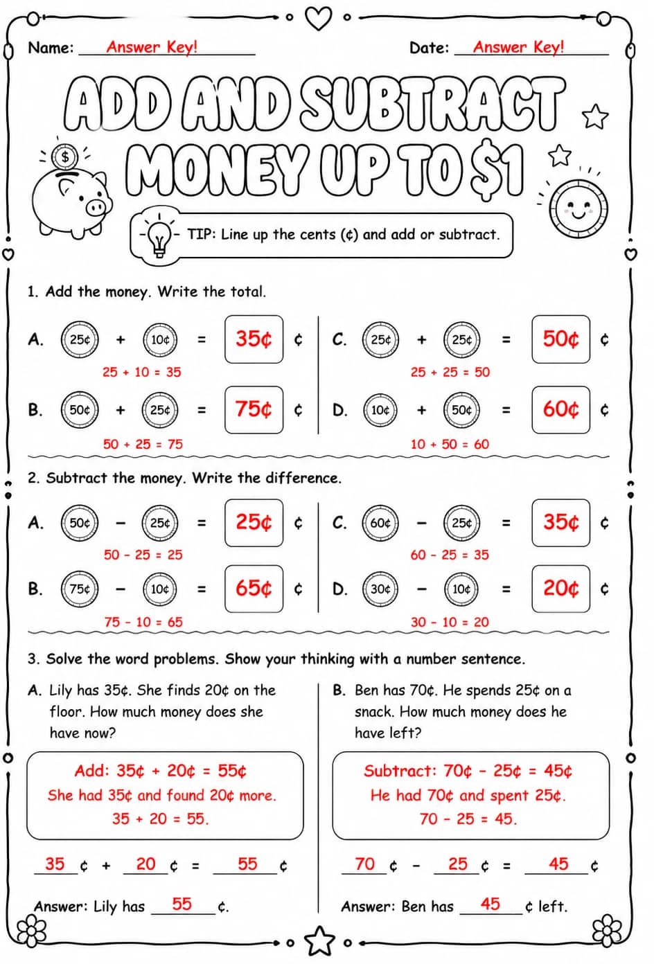 Answer key for Add and subtract money up to $1 — free printable Math worksheet