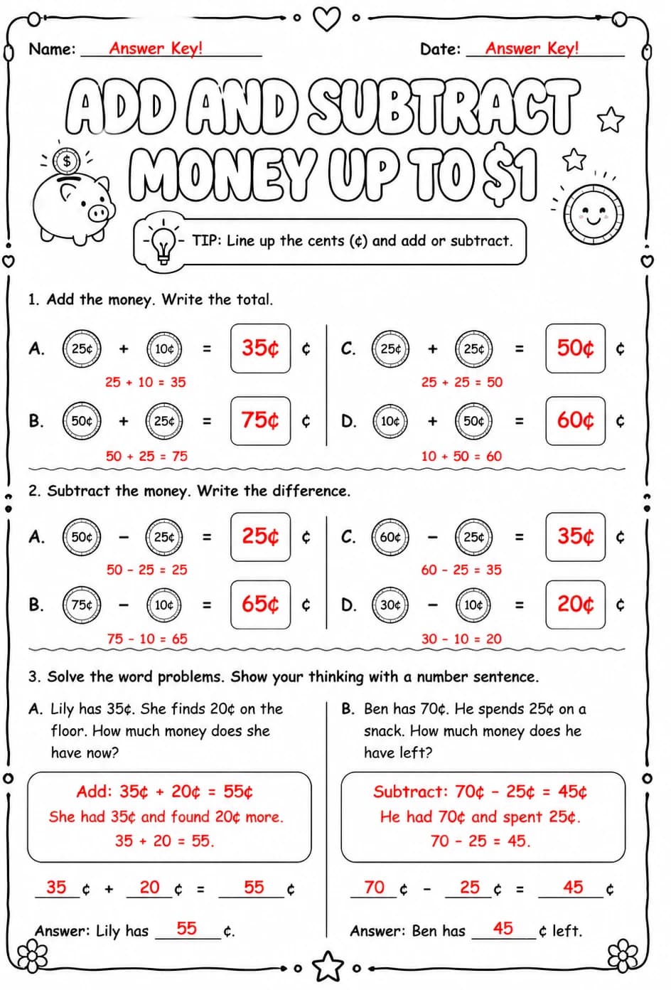Answer key for Add and subtract money up to $1 — free printable Math worksheet