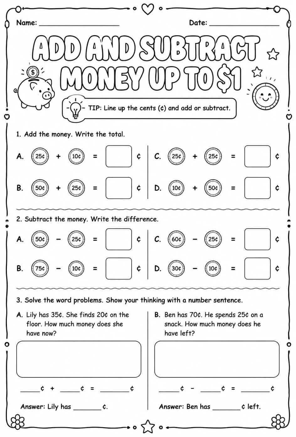 Add and subtract money up to $1 — free printable Grade 2 math worksheet