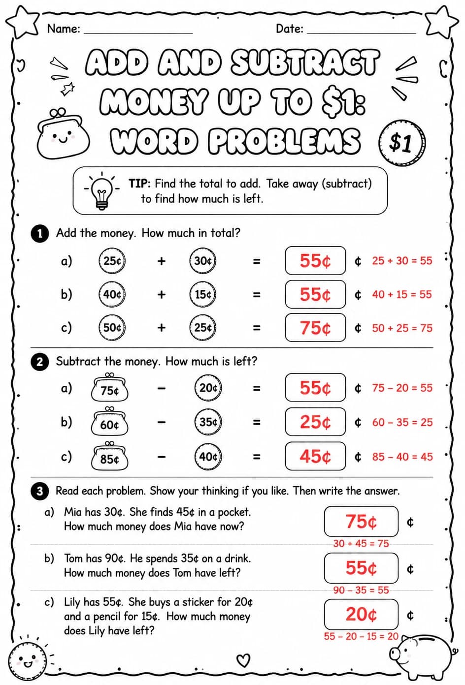 Answer key for Add and subtract money up to $1: word problems — free printable Math worksheet