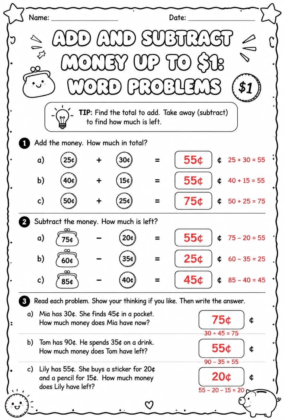 Answer key for Add and subtract money up to $1: word problems — free printable Math worksheet