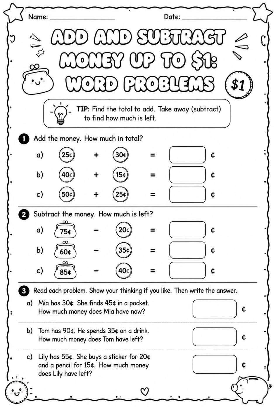 Add and subtract money up to $1: word problems — free printable Grade 2 math worksheet