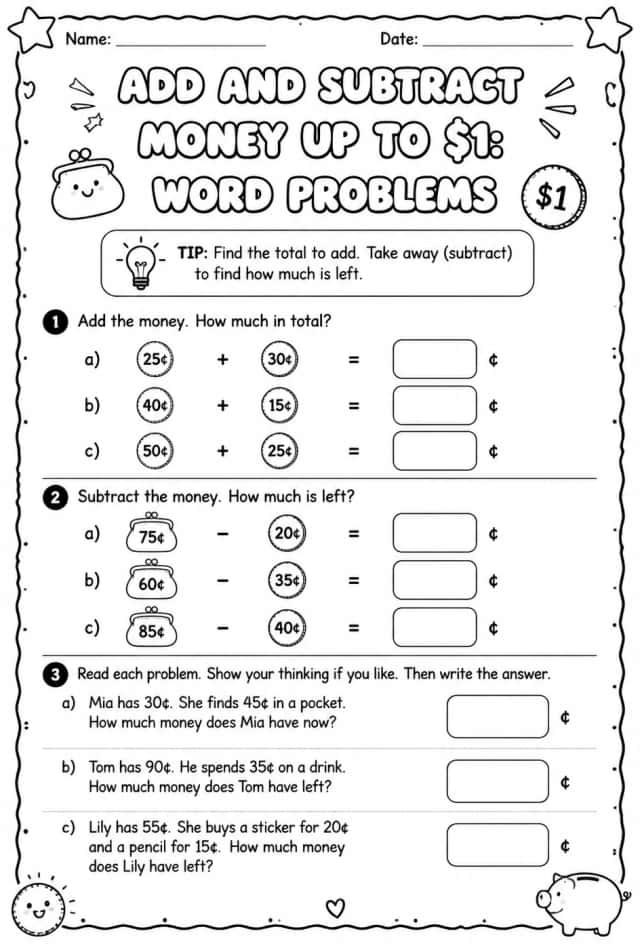 Add and subtract money up to $1: word problems