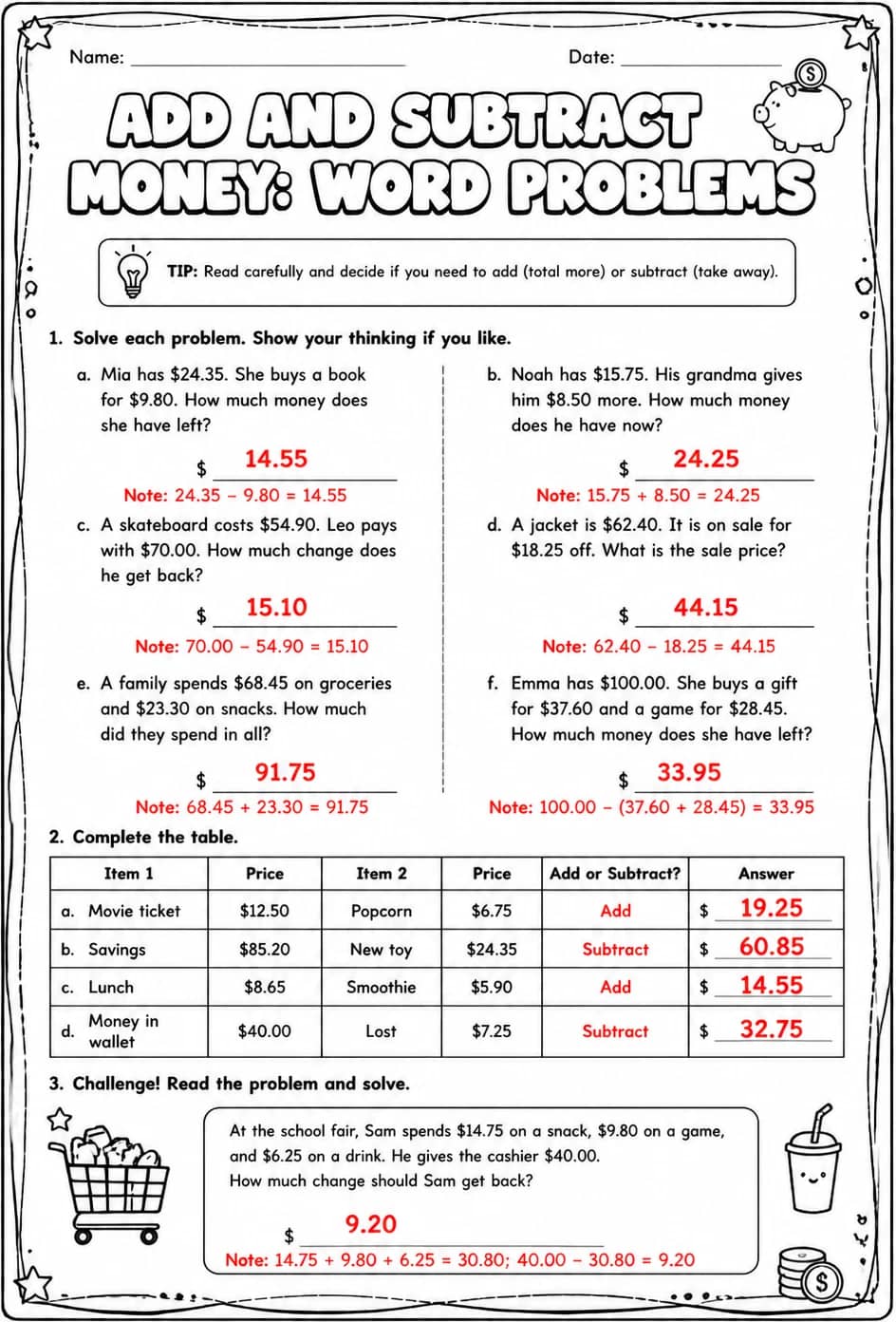 Answer key for Add and subtract money: word problems — free printable Math worksheet