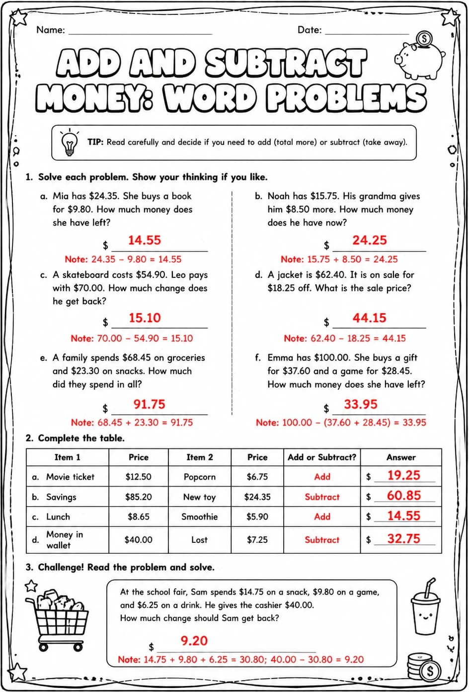 Answer key for Add and subtract money: word problems — free printable Math worksheet