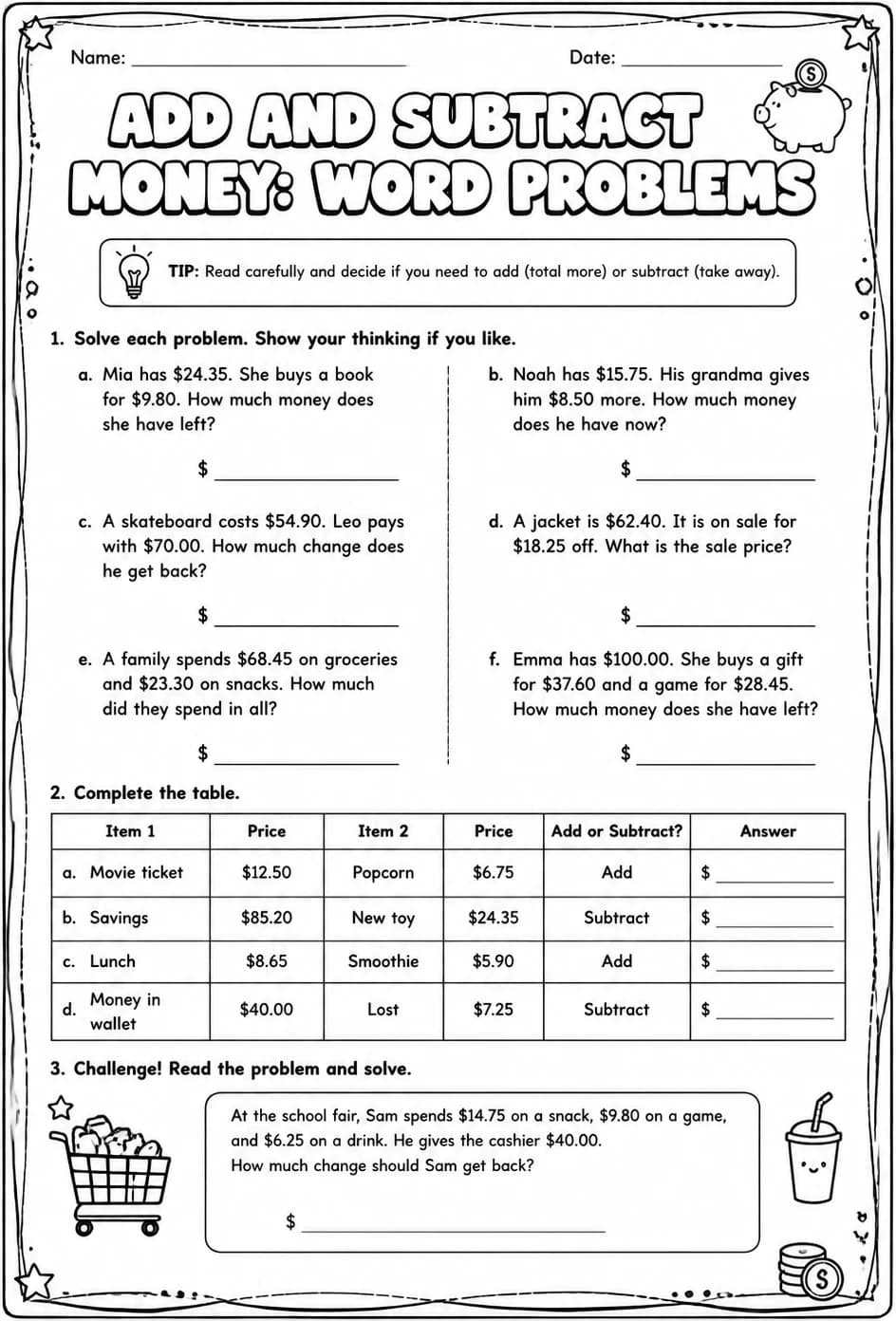 Add and subtract money: word problems — free printable Grade 5 math worksheet