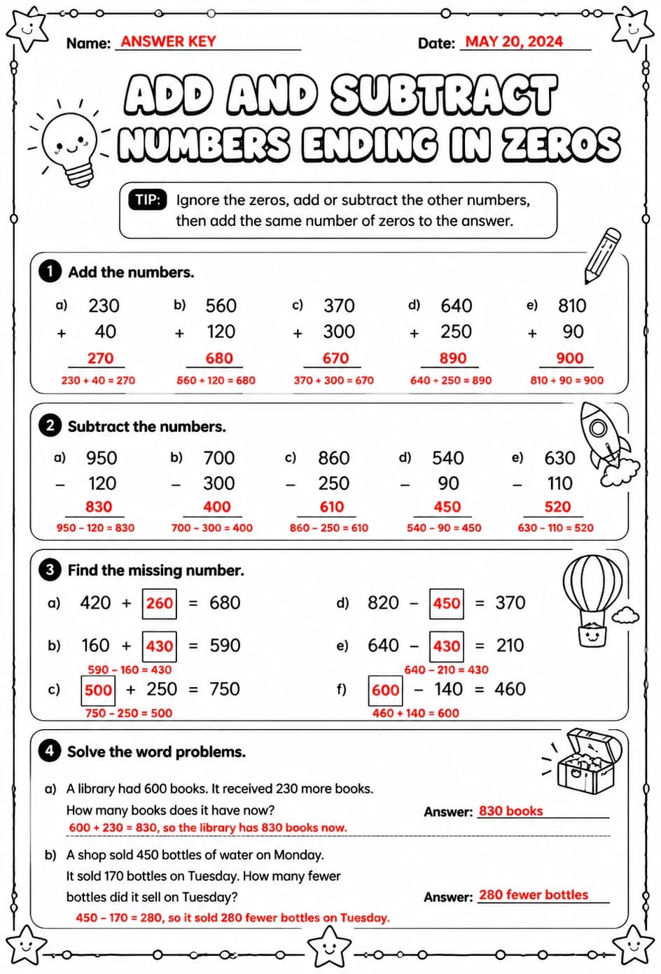 Answer key for Add and subtract numbers ending in zeros — free printable Math worksheet