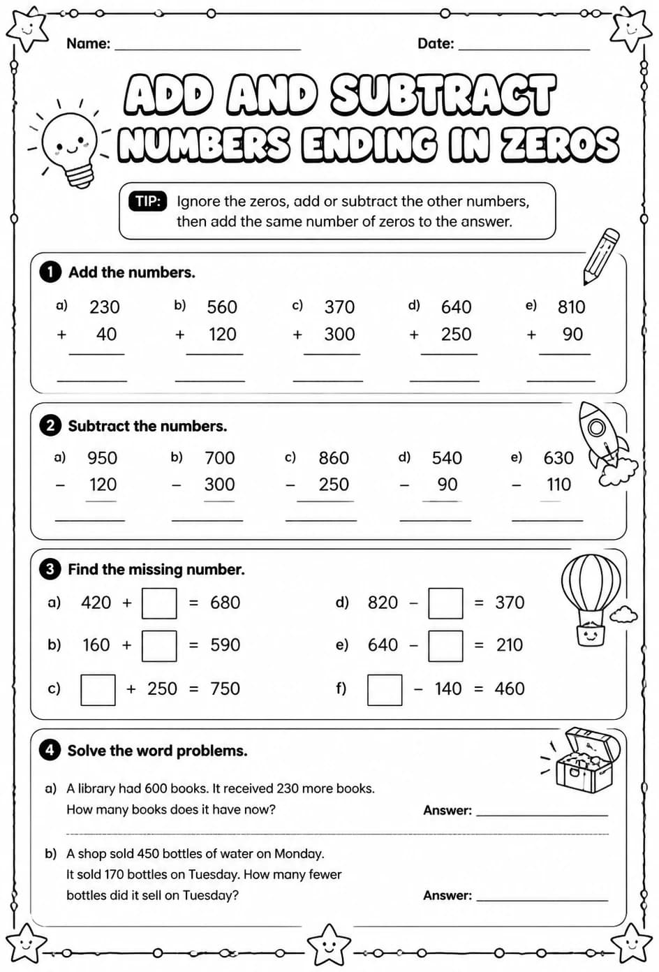 Add and subtract numbers ending in zeros — free printable Grade 4 math worksheet