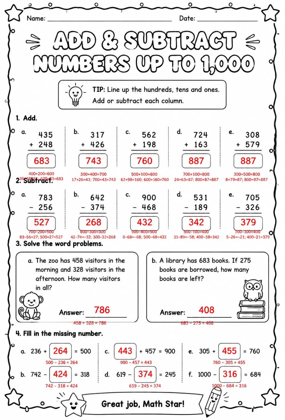 Answer key for Add and subtract numbers up to 1,000 — free printable Math worksheet