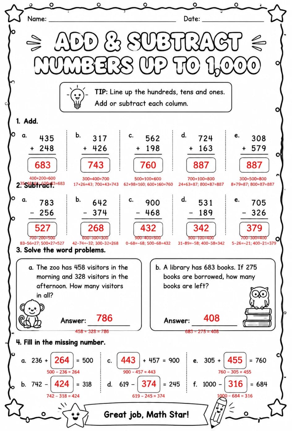 Answer key for Add and subtract numbers up to 1,000 — free printable Math worksheet