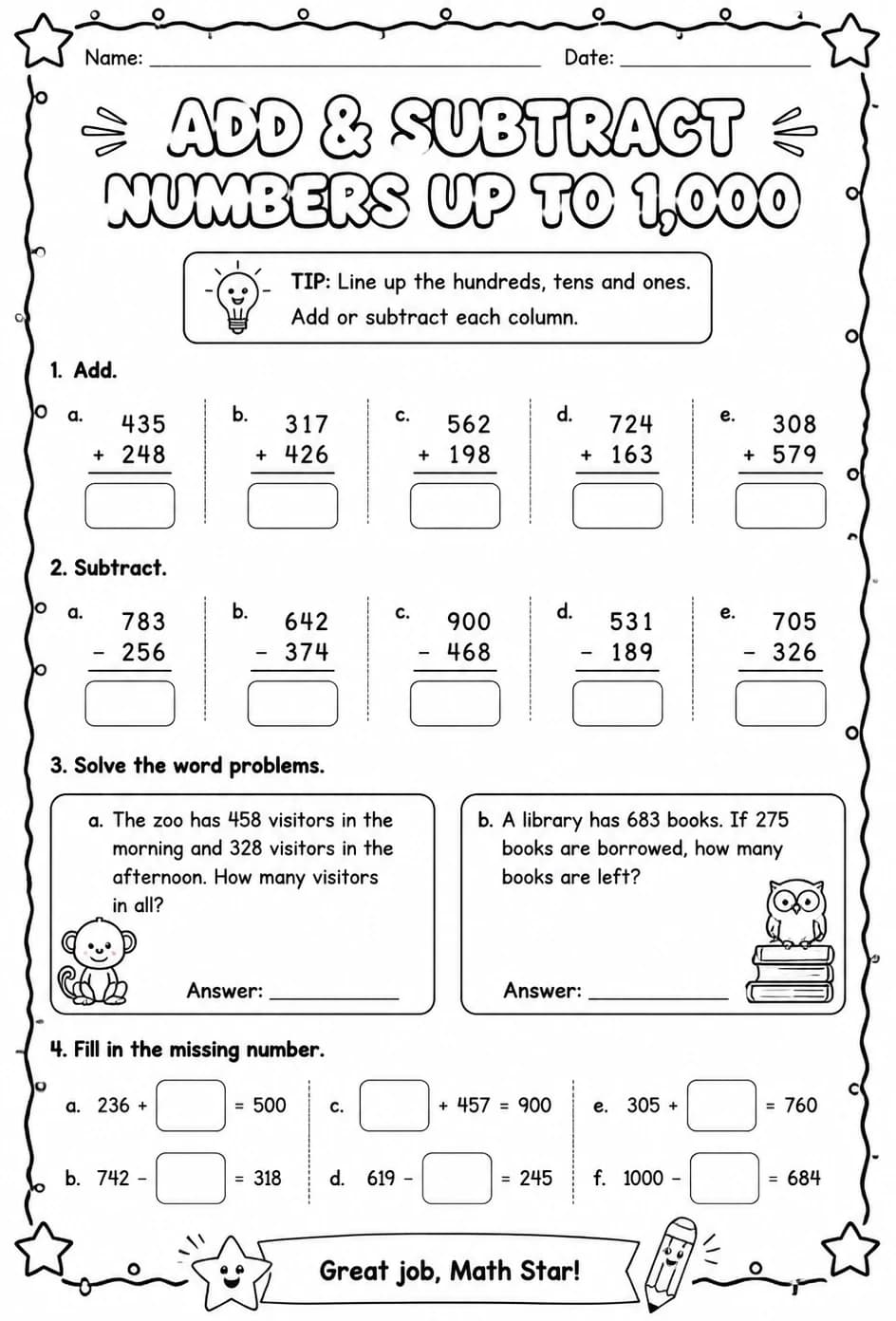 Add and subtract numbers up to 1,000 — free printable Grade 2 math worksheet