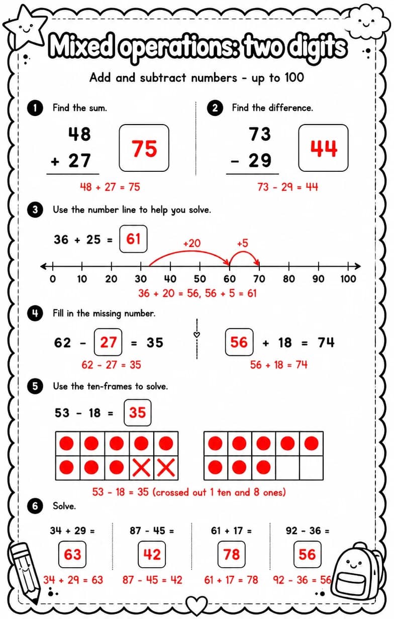 Answer key for Add and subtract numbers - up to 100 — free printable Math worksheet