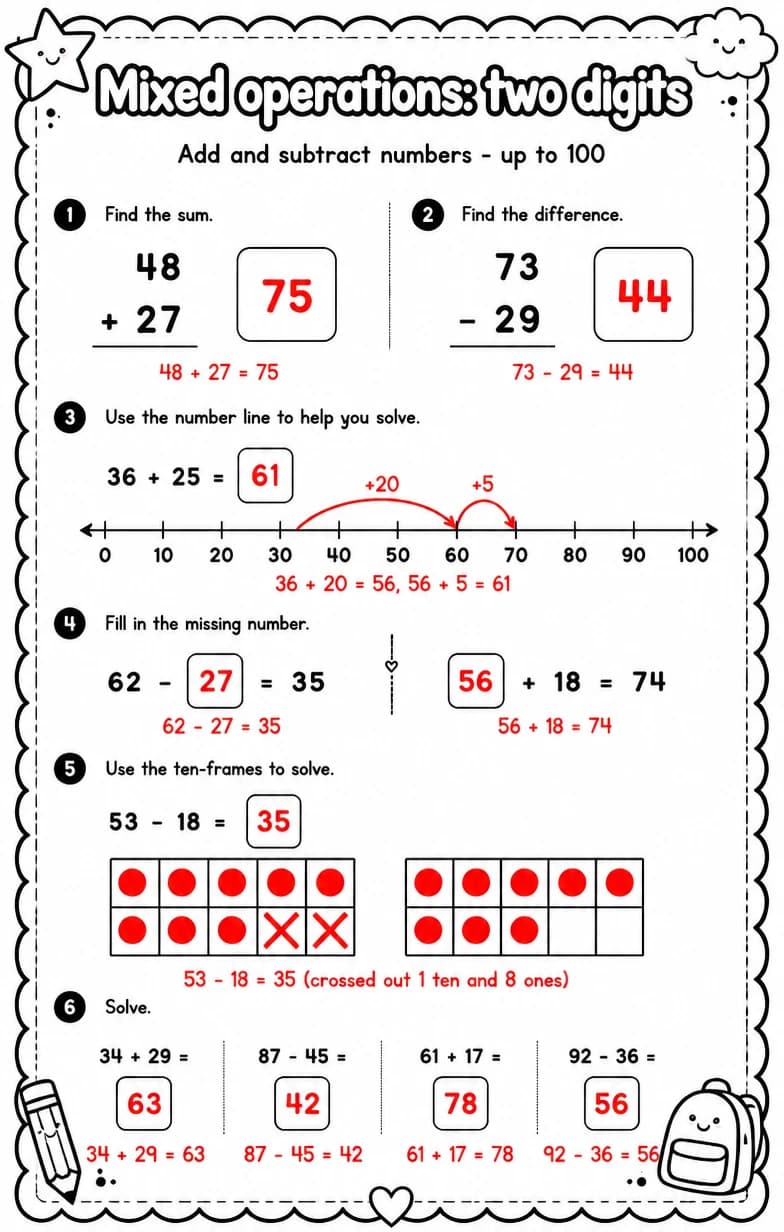 Answer key for Add and subtract numbers - up to 100 — free printable Math worksheet