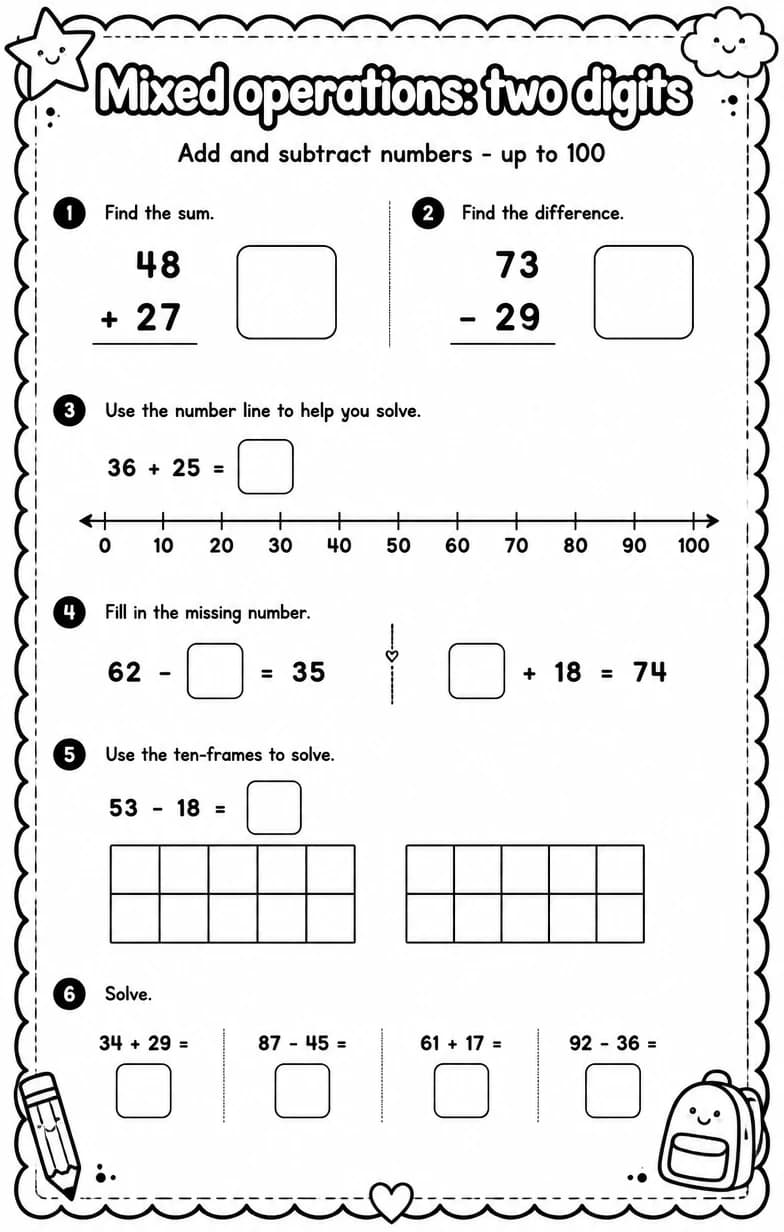 Add and subtract numbers - up to 100 — free printable Grade 2 Math worksheet