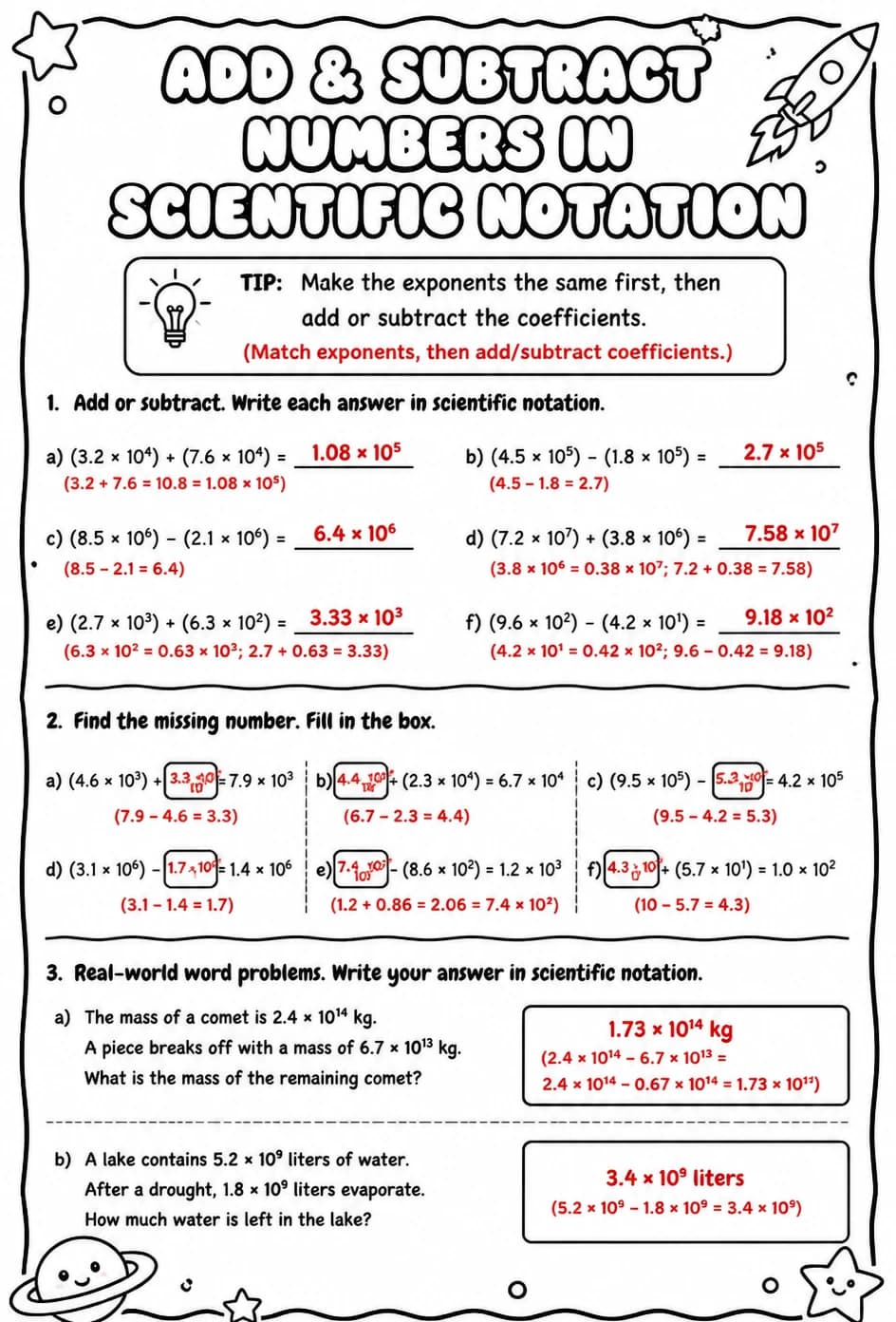 Answer key for Add and subtract numbers written in scientific notation — free printable Math worksheet