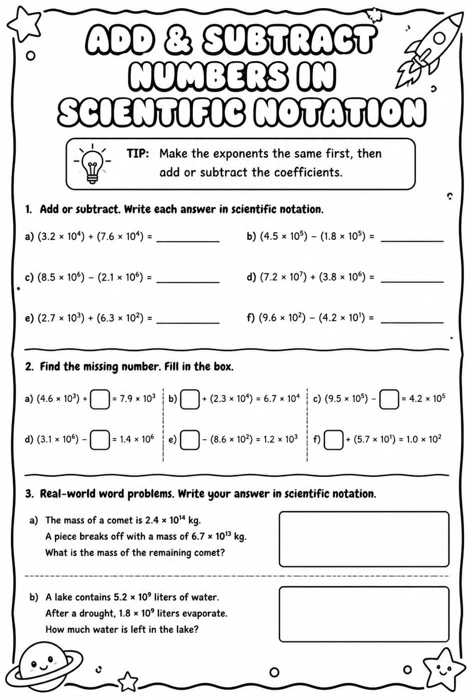 Add and subtract numbers written in scientific notation — free printable Algebra 1 math worksheet
