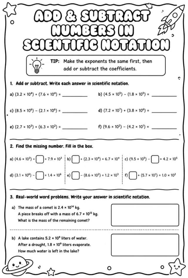 Add and subtract numbers written in scientific notation
