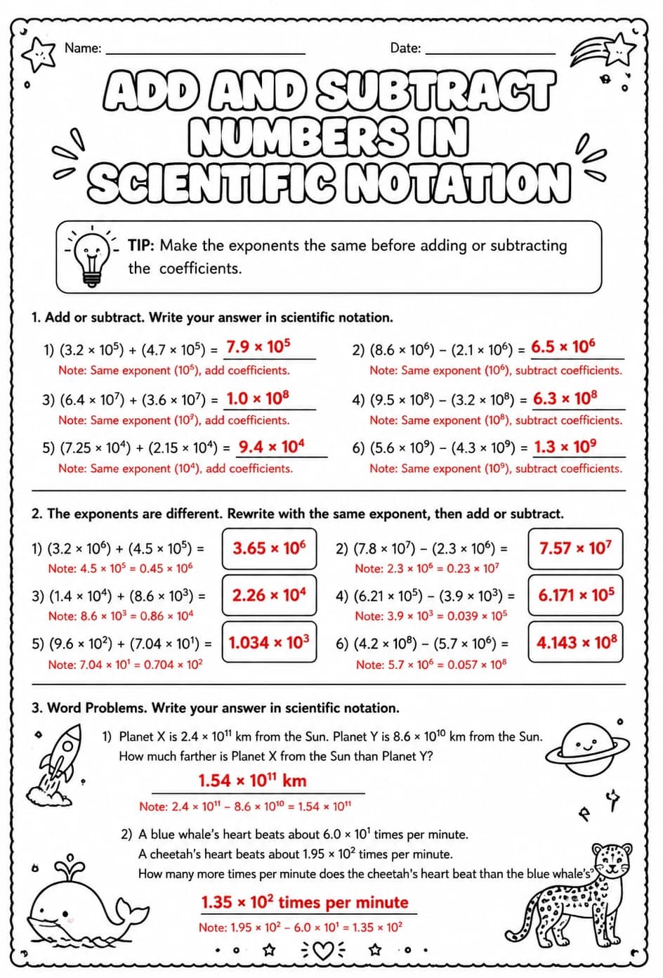 Answer key for Add and subtract numbers written in scientific notation — free printable Math worksheet