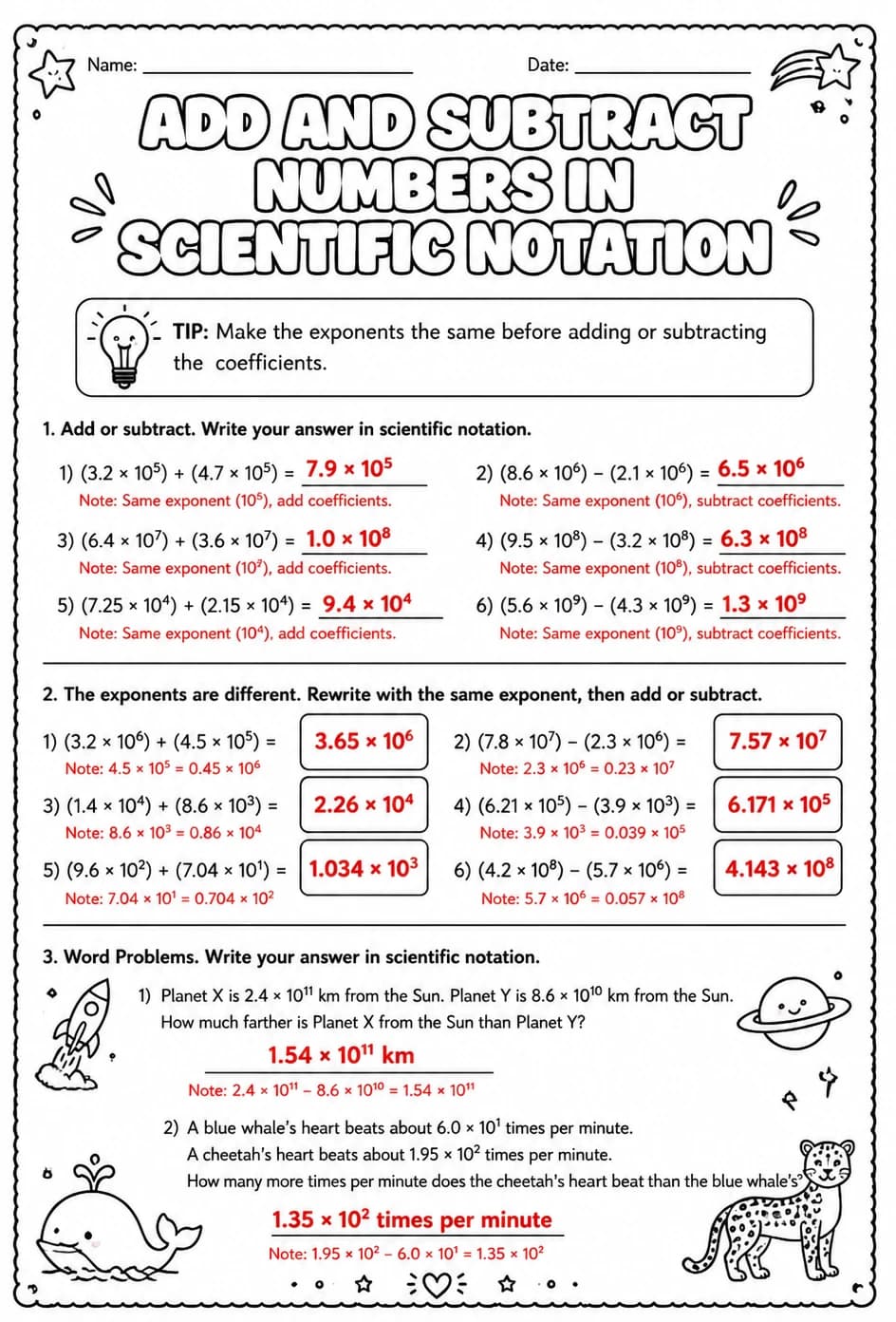 Answer key for Add and subtract numbers written in scientific notation — free printable Math worksheet