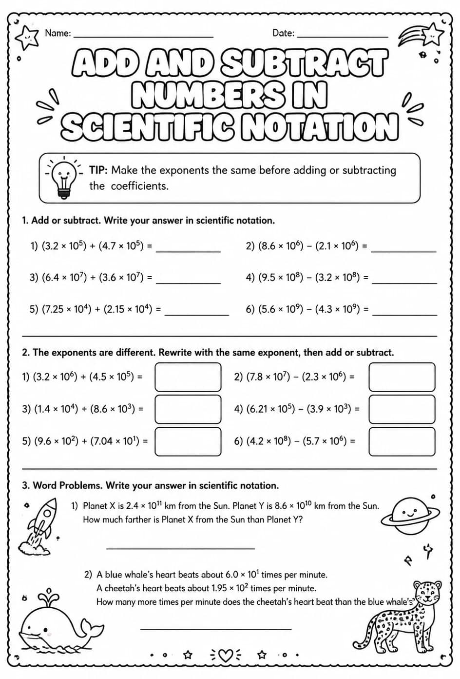Add and subtract numbers written in scientific notation — free printable Grade 8 math worksheet